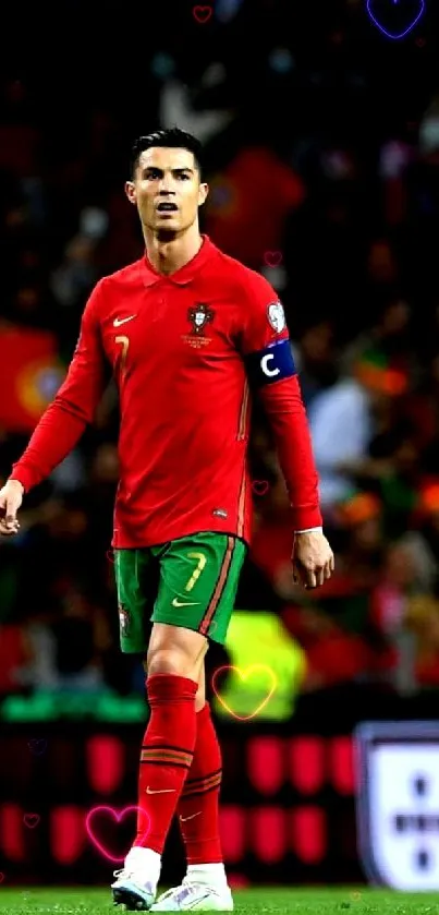 Football player in red Portugal jersey on the field.