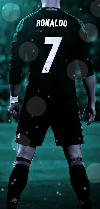 Dynamic football player poised on the field in striking blue tones.