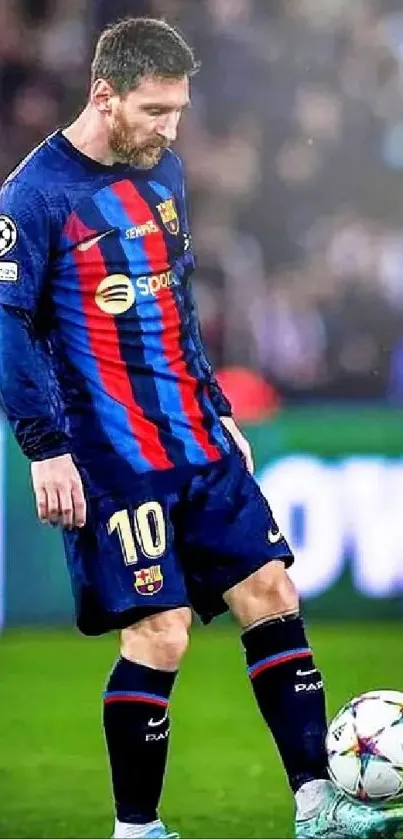 Famous footballer in action on the field, wearing a dark blue and red uniform.