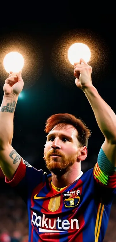 Football player holding glowing balls with vibrant navy jersey.
