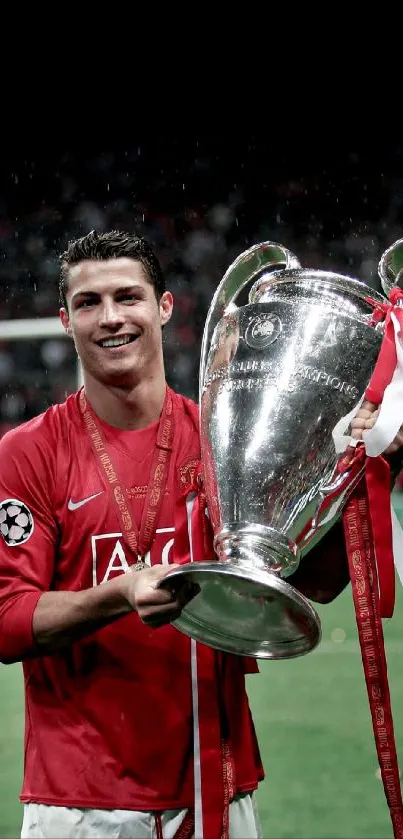 Football star with championship trophy, smiling victoriously.