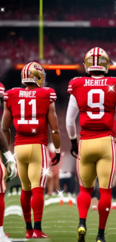 Football players standing on the field in a stadium setting.