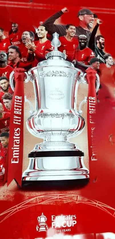 Football trophy with celebrating players on a red background wallpaper.