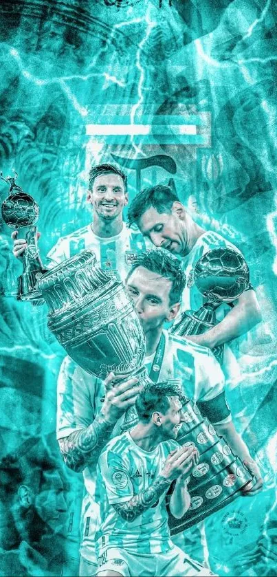 Football player celebrating with trophies in dynamic cyan artwork.