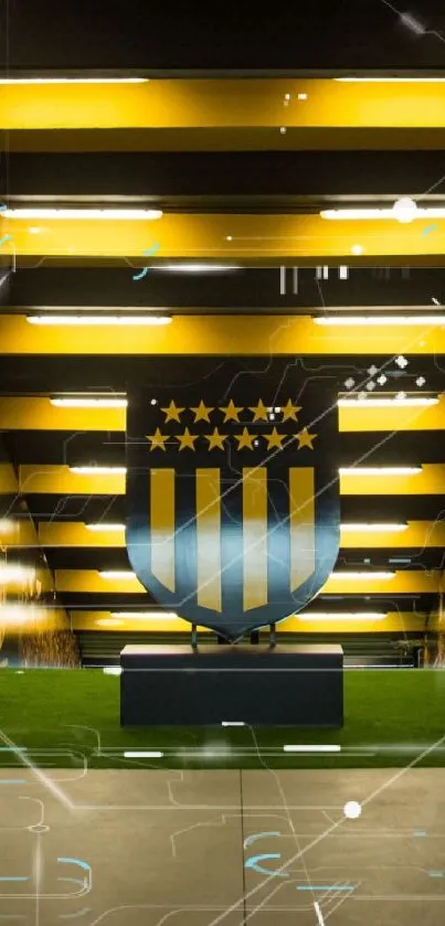 Football emblem in a vibrant yellow tunnel.