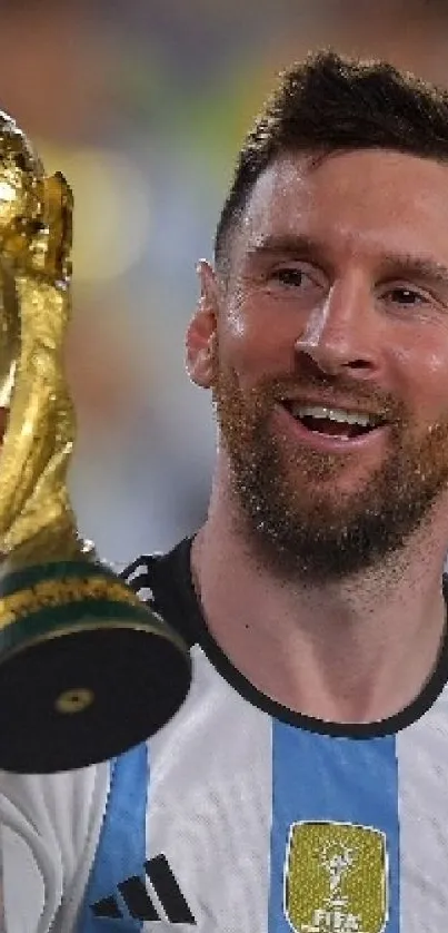 Soccer player holding a gold trophy and smiling.