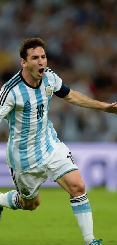 A football player celebrating victory in a vibrant, grassy stadium.