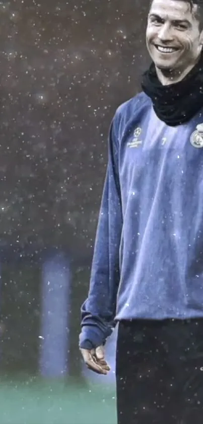 Smiling footballer in blue jacket with rain backdrop.