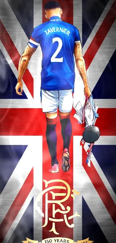 Footballer in blue jersey with Union Jack background.