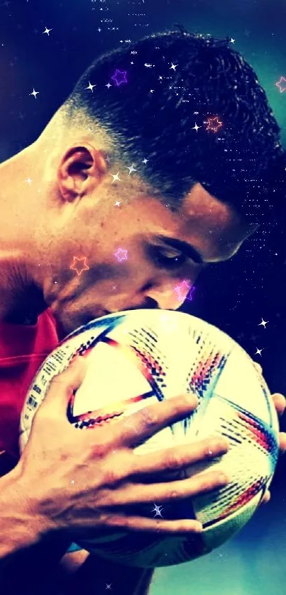 Footballer in red jersey kissing World Cup ball.