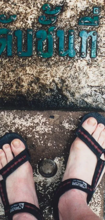 Feet in sandals on ancient stone with blue accents.