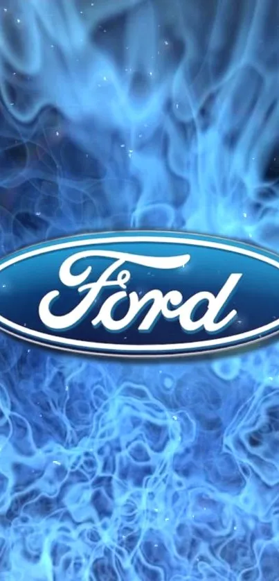 Ford logo with vibrant blue flames wallpaper.