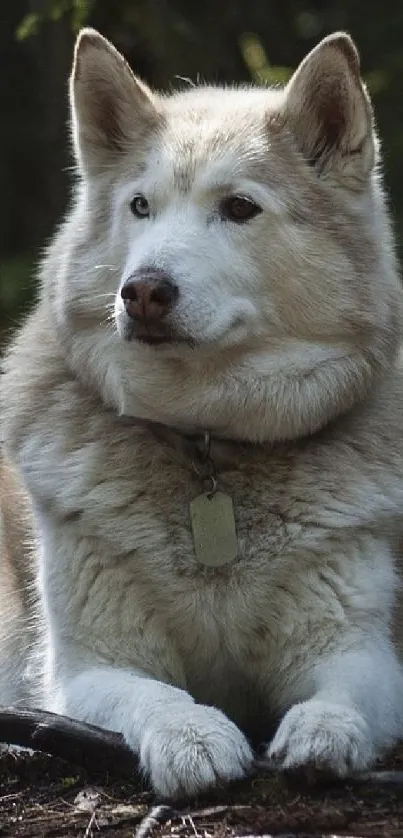 Husky resting in lush green forest setting.