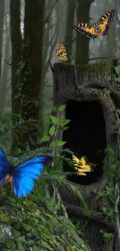 Enchanting forest with vibrant butterflies in lush greenery.