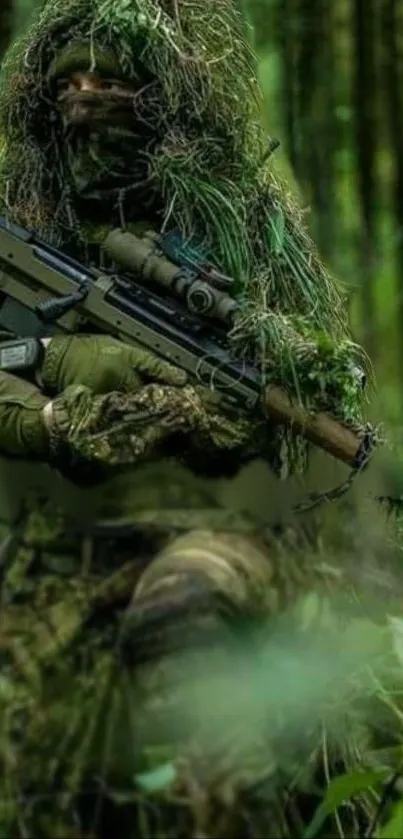 Sniper in forest camouflage, holding a rifle amidst dense greenery.