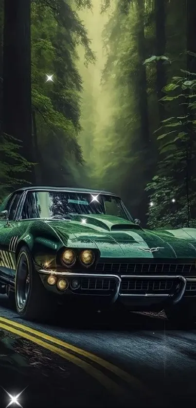 Classic green car driving through a lush, forested road.