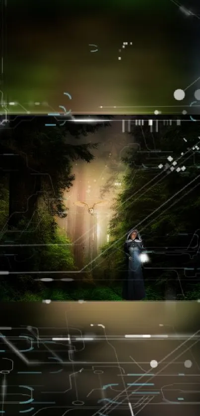 Mystical forest with tech elements and glowing light path.