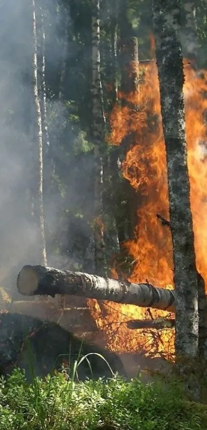 Dramatic forest fire with tall flames amidst trees.