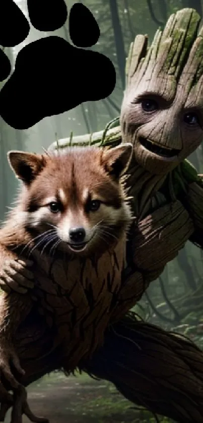 Whimsical tree-like creature hugging a raccoon in a mystical forest.