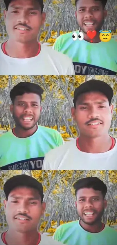 Friends smiling in a sunny forest background.