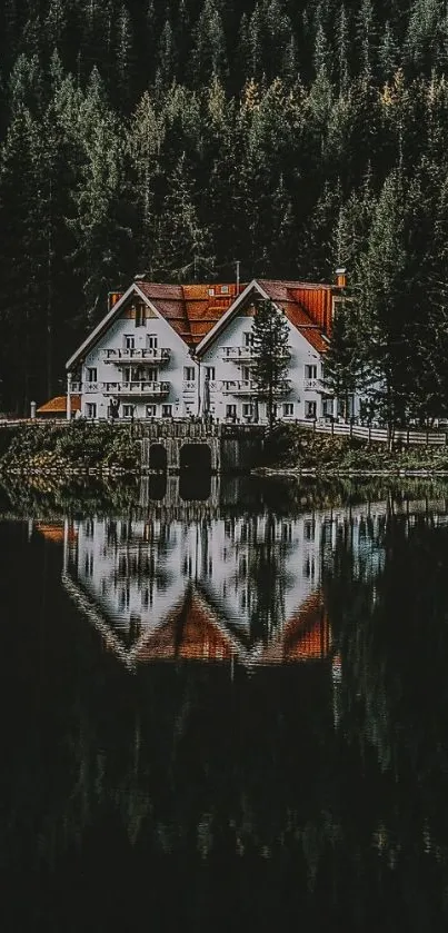 House reflecting on a forest lake with serene surroundings.