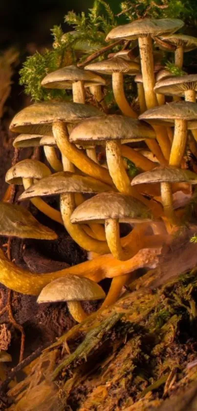 Cluster of brown mushrooms on forest floor with green moss.