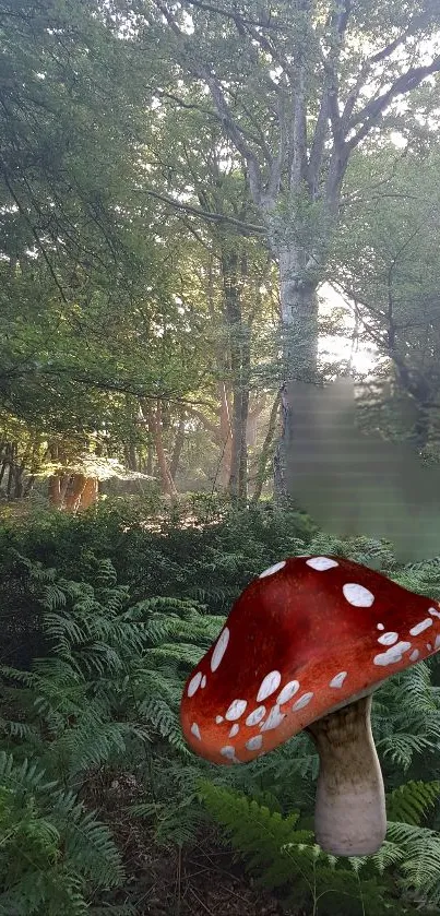 Red mushroom in a lush green forest setting with ferns.