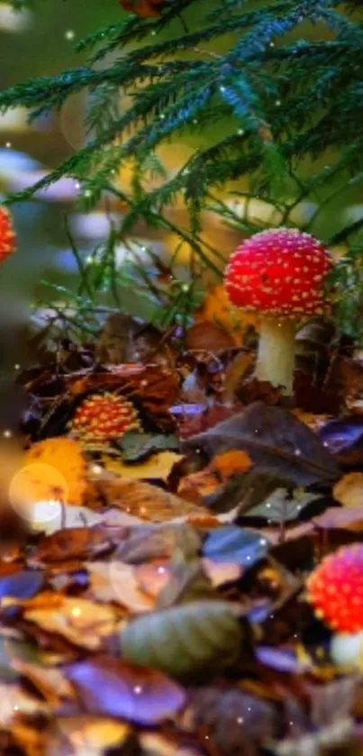 Vibrant forest mushrooms surrounded by autumn leaves in a serene setting.