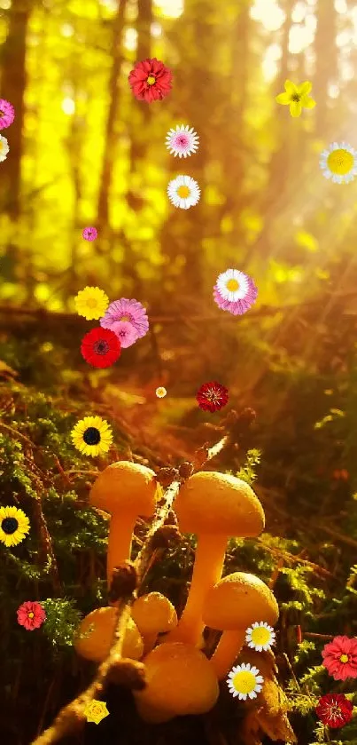 Mushrooms in a sunlit forest with lush greenery and golden light.