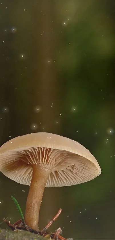Forest mushrooms on a mossy log in a tranquil setting.