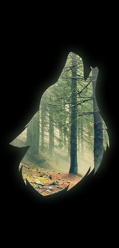 Wolf silhouette with forest scene on black background.