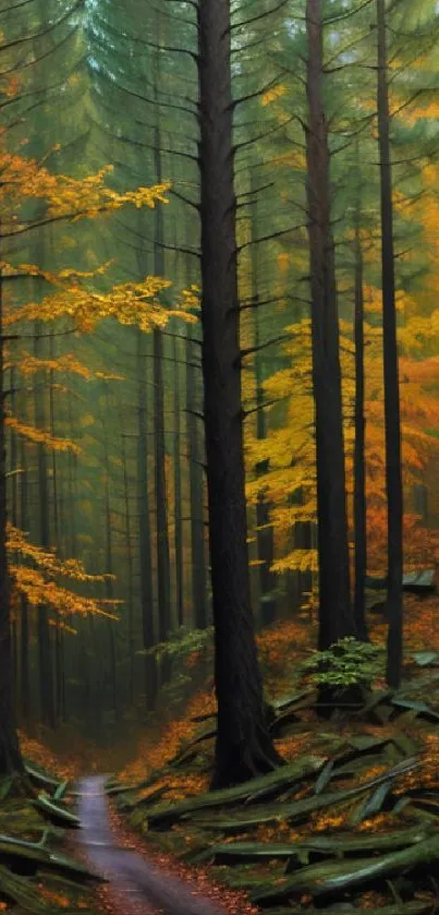 Serene autumn forest path with vibrant colors and tall trees.