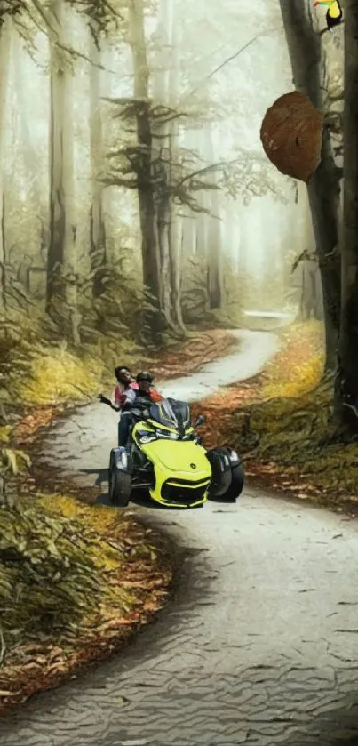 A motorbike travels down a winding path in a tranquil forest setting.