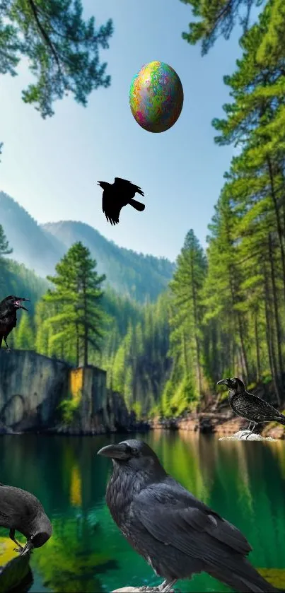 Ravens in a forest with a floating egg over a scenic lake.