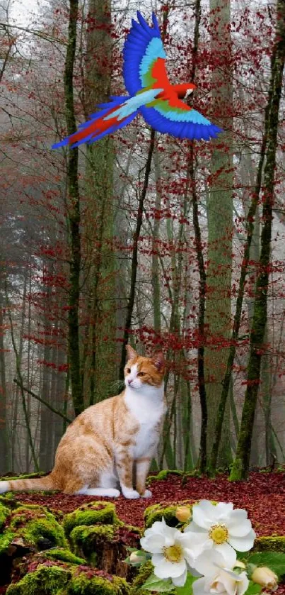 Cat and parrot in a misty forest setting with lush greenery.