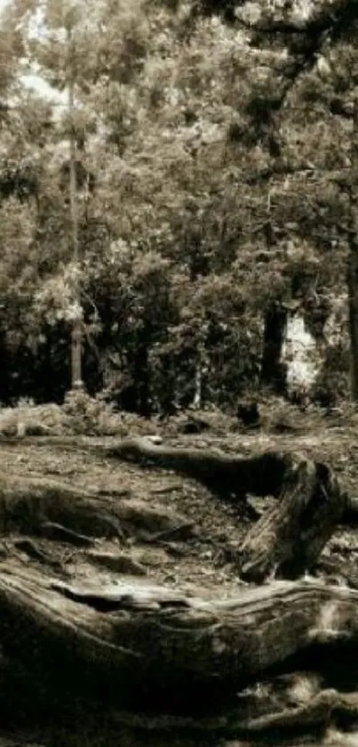 Sepia-toned forest scene with tree roots and a stone lantern.