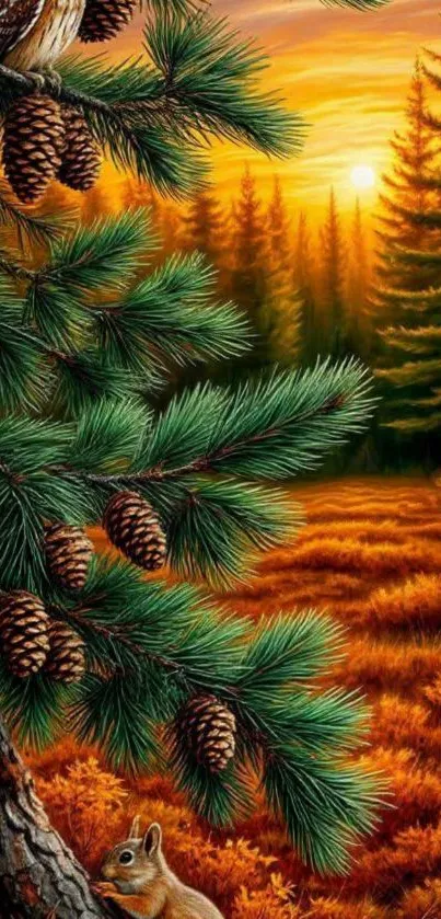 Vibrant forest sunrise with wildlife and pine trees.