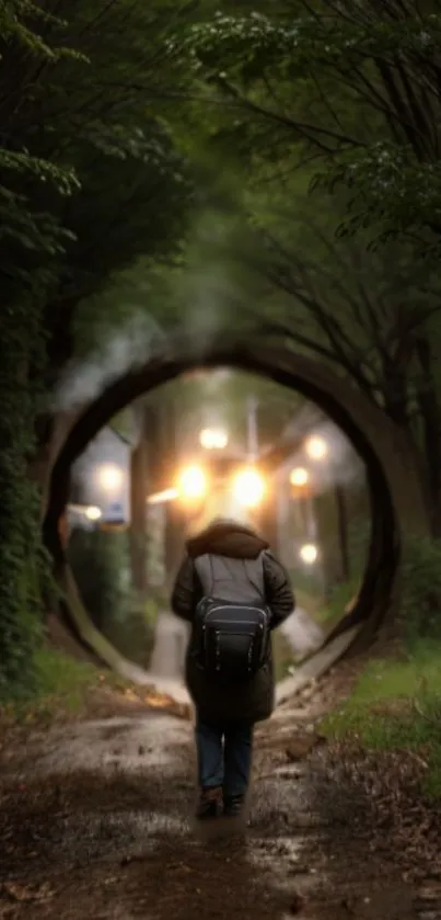 Person walking through forest tunnel with light ahead.