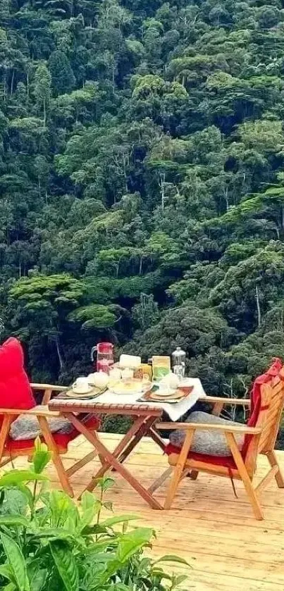 Outdoor dining setup with forest view.