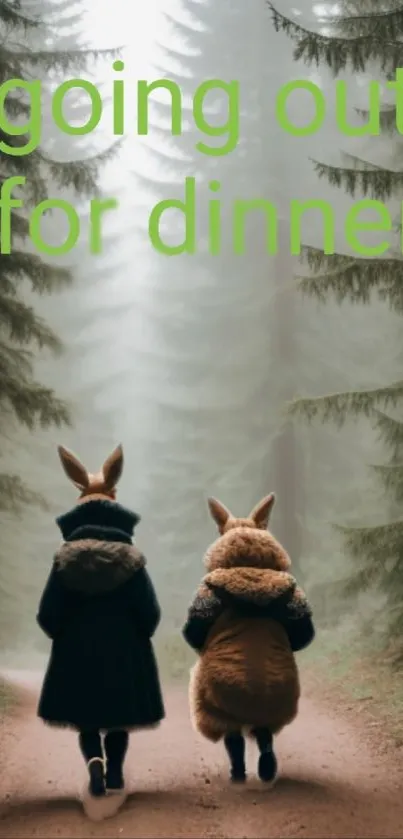 Two friends walk on a misty forest path with animal costumes, serene view.