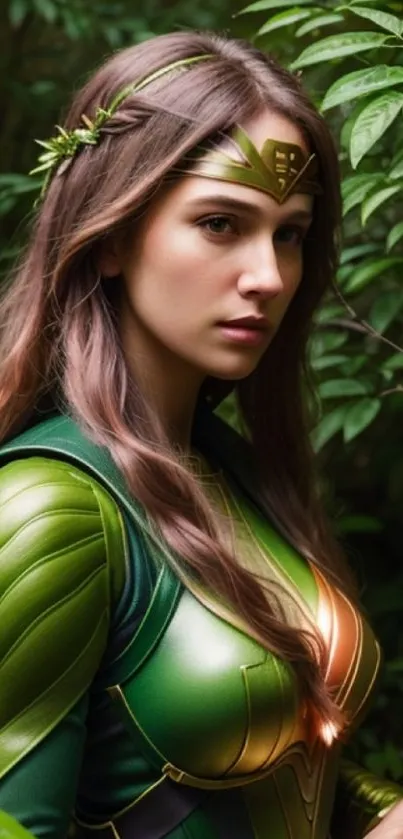 Female warrior in green armor amidst lush forest leaves.