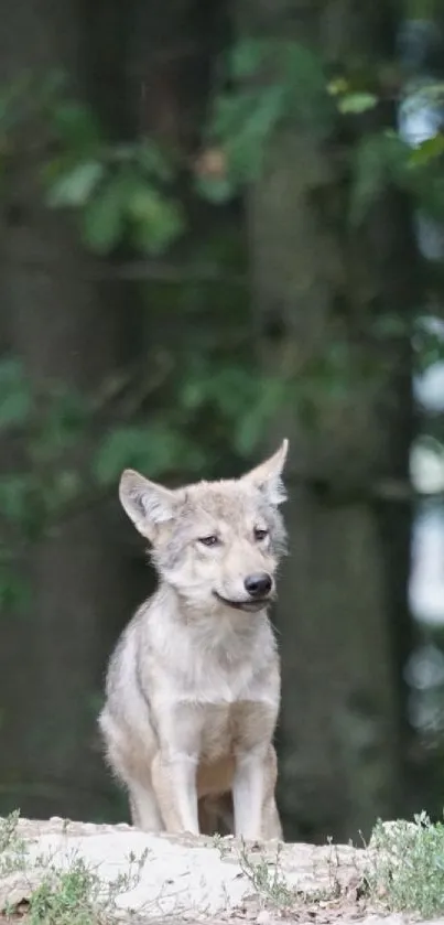 Wolf pup in a lush green forest setting.