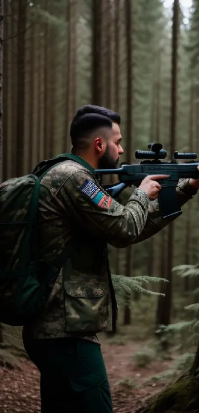 Soldier in forest holding rifle, exploring the wilderness.