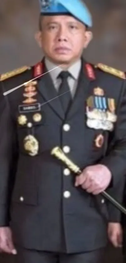 Military officer in formal uniform with medals and beret.