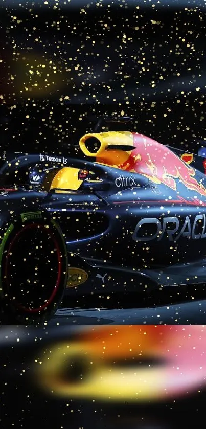 Vibrant Formula 1 race car with a dark background and sparkles.