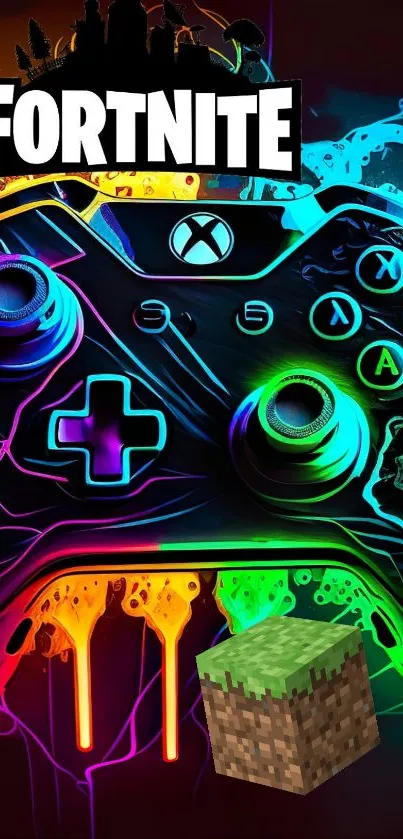 Vibrant Xbox controller with Fortnite and Minecraft themes in neon colors.