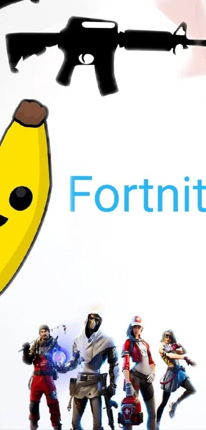 Fortnite mobile wallpaper with characters and banana cartoon.