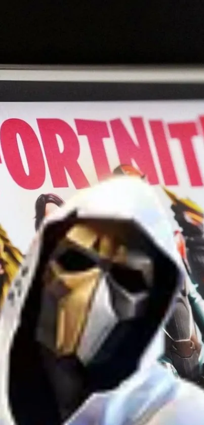 Fortnite masked character wallpaper with bold title in background.