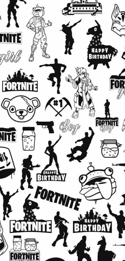 Fortnite black silhouette collage wallpaper with game characters.