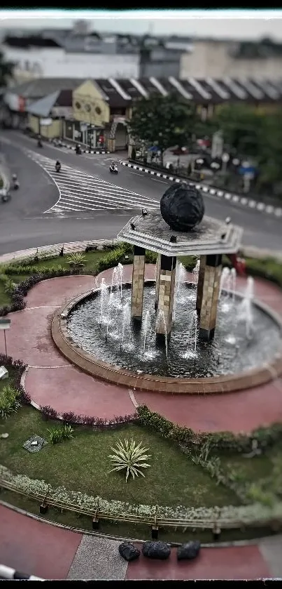 City center fountain with surrounding greenery and urban backdrop.